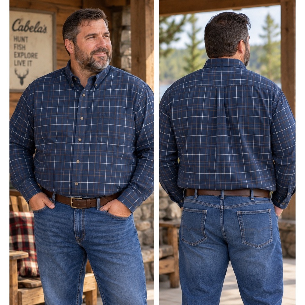 Cabela's Outfitter Series Men's 2XL Navy Plaid 100% Cotton Button Down Shirt
